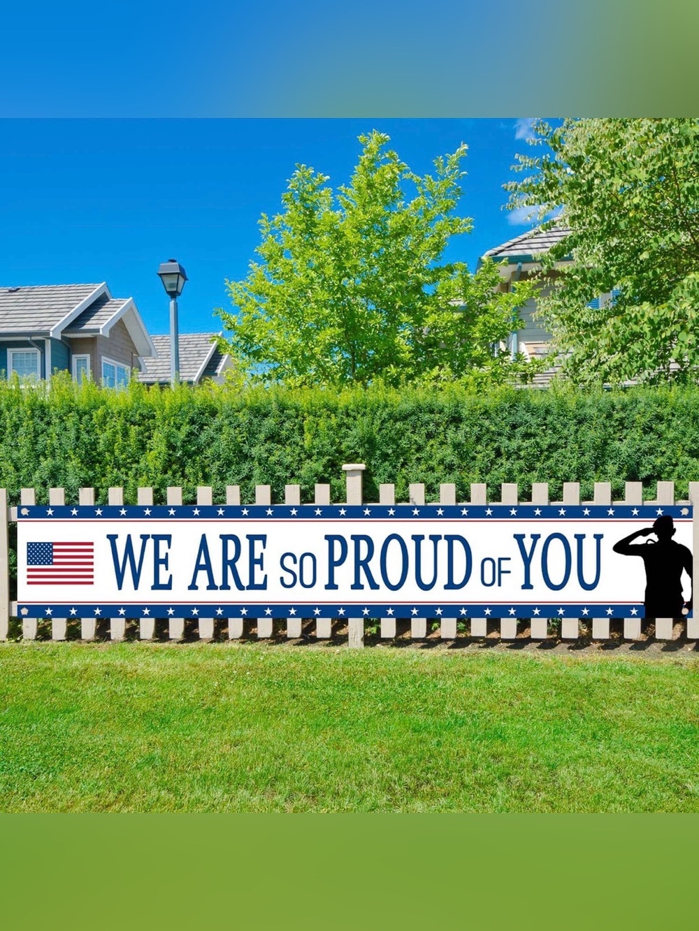 Patriotic "We Are So Proud of You" Blue and White Banner